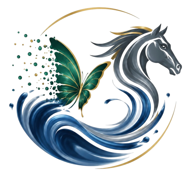 Leanas Development, LLC mark: a horse with a flaming mane, a blue butterfly, and splashing water